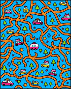 Bright Blue Road Trip Cars Trees Rug