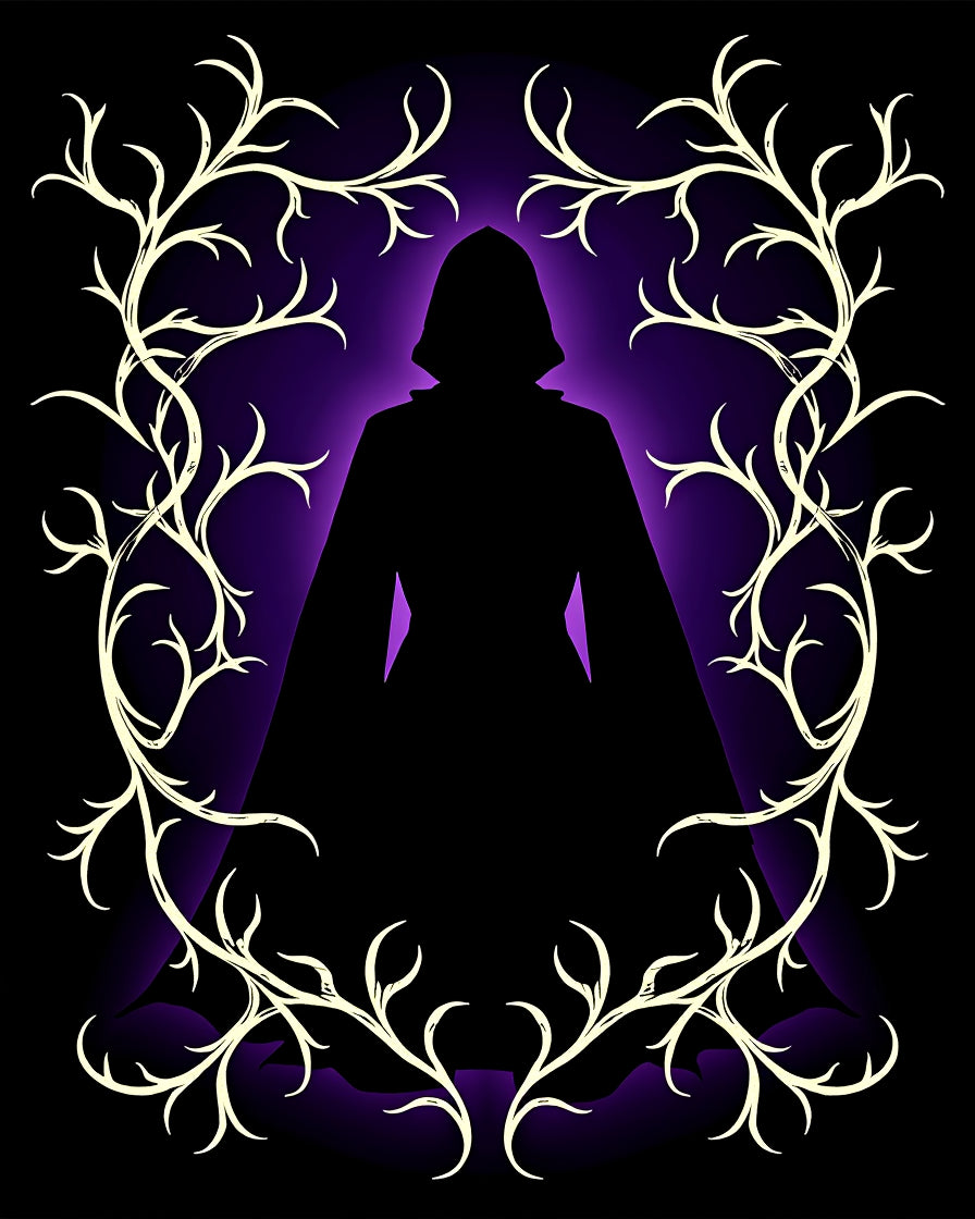 Mysterious Hooded Figure Violet Vine Rug