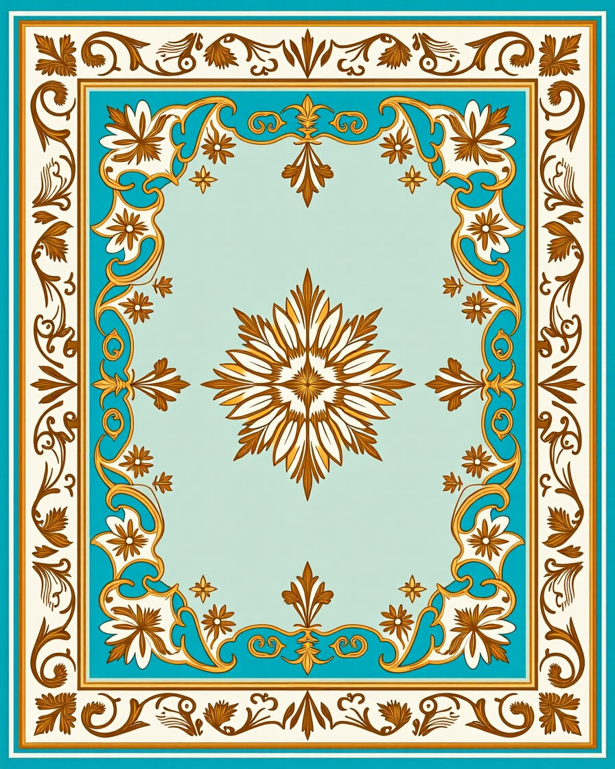 Ornate Floral Golden Teal Border Rug