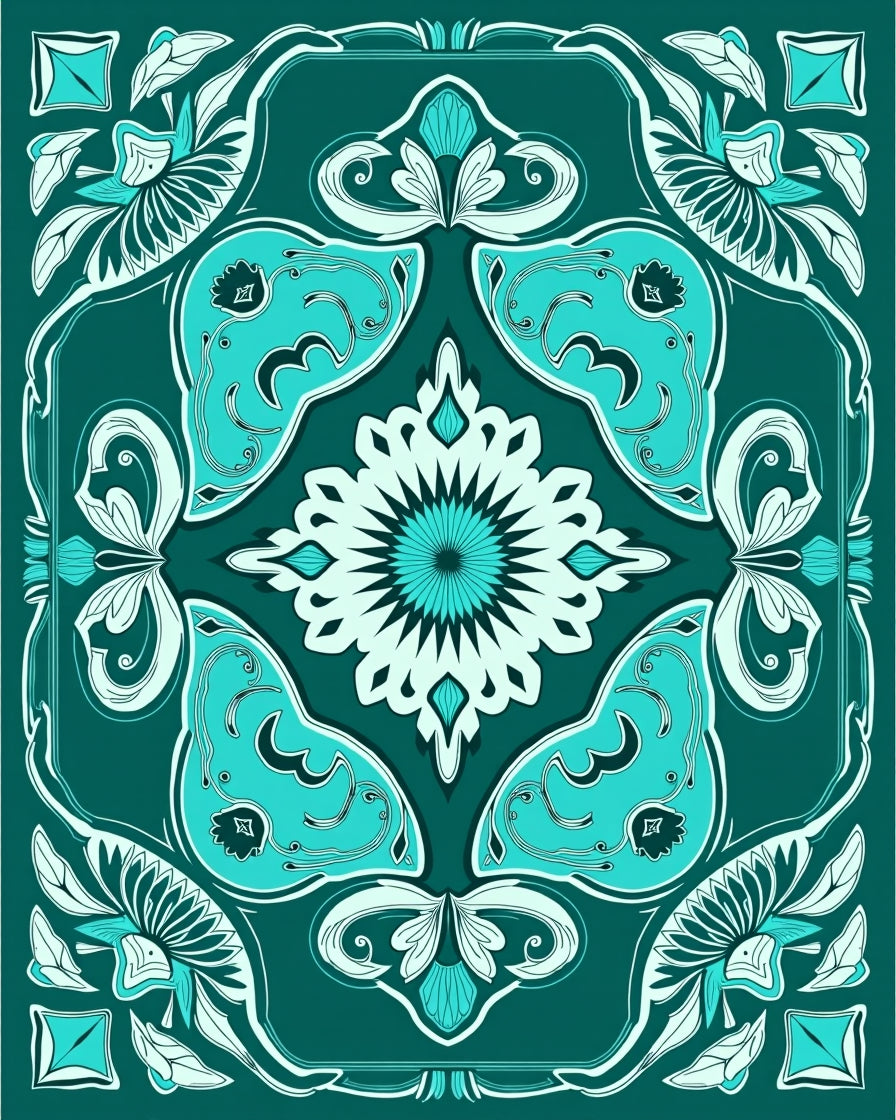 Art Nouveau Teal Floral Mandala Design Rug