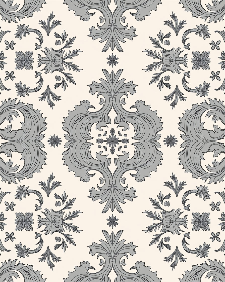 Ornate Grey Floral Damask Pattern Rug