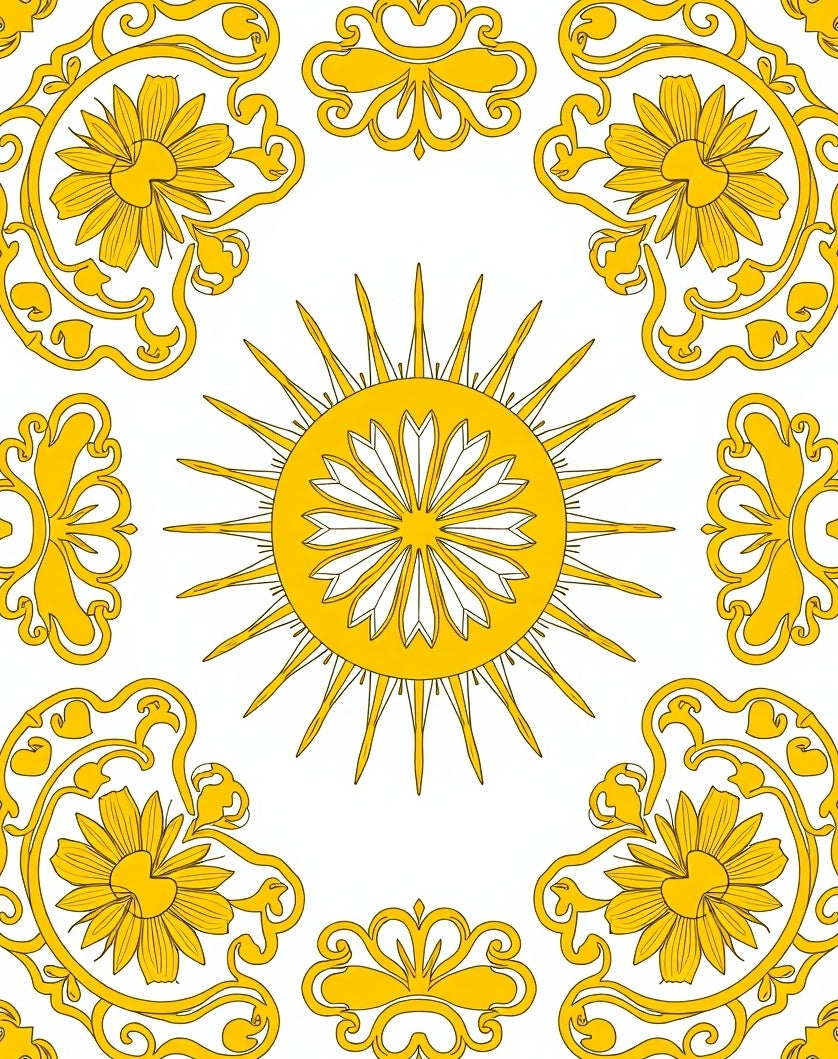 Ornate Yellow Sun Floral Pattern Rug