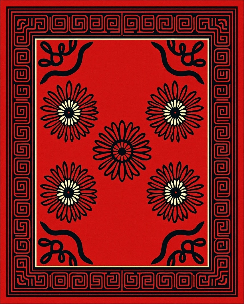 Red Floral Geometric Border Runner Design Rug