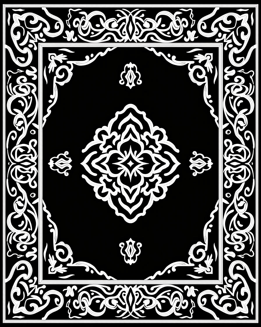 Black White Ornate Floral Rug