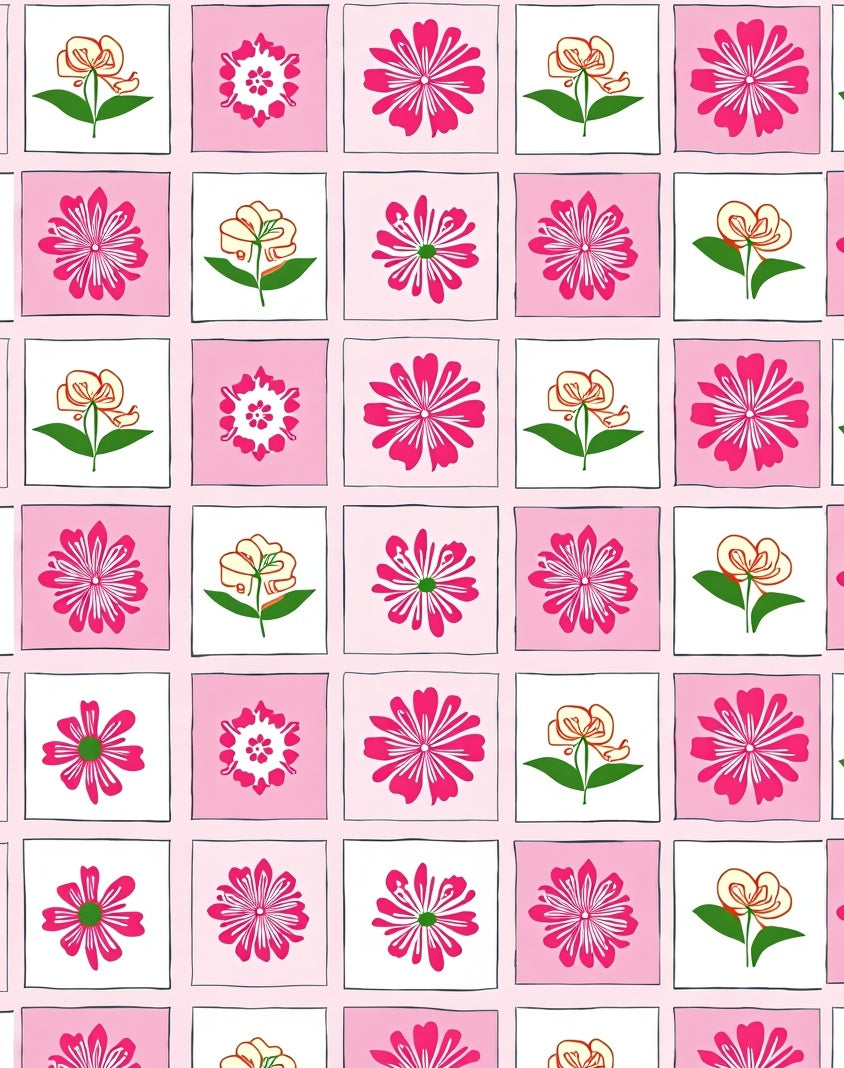 Charming Pink Floral Grid Design Rug