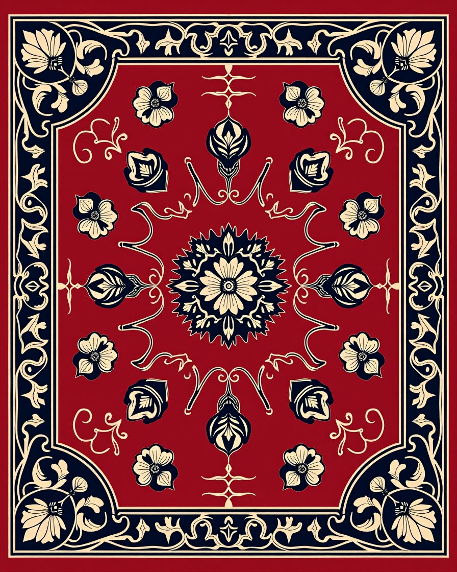 Red Floral Medallion Patterned Rug