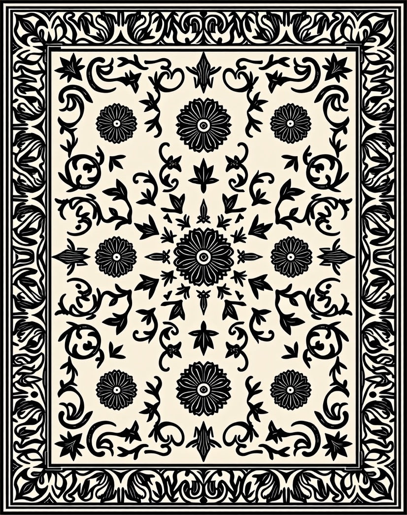 Intricate Floral Mandala Black and White Rug