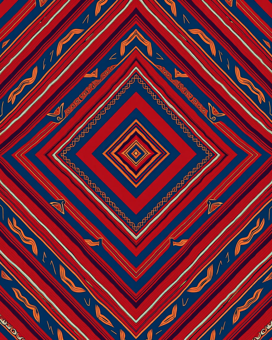 Bold Red Blue Geometric Diamond Pattern Rug