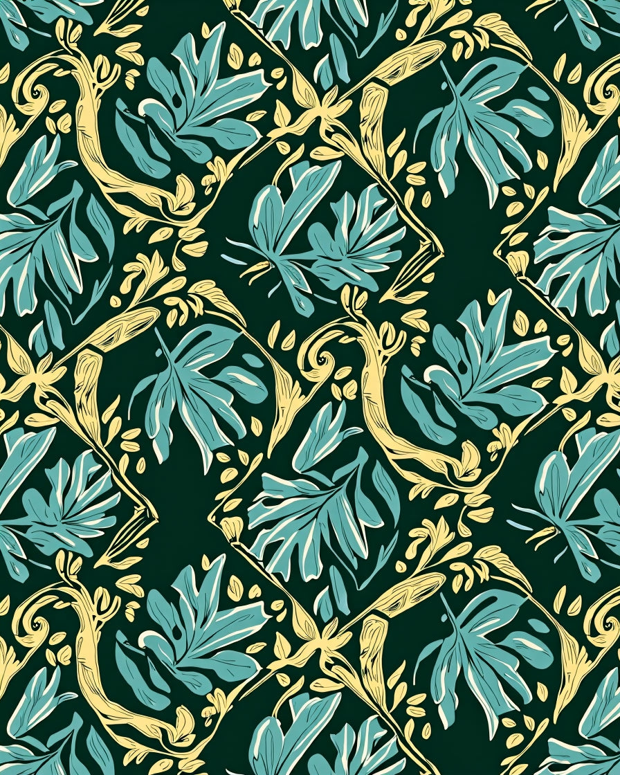 Teal Leaf Scroll Pattern Rug