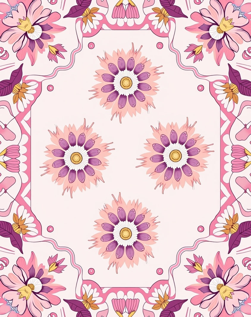 Whimsical Pink Floral Medallion Design Rug