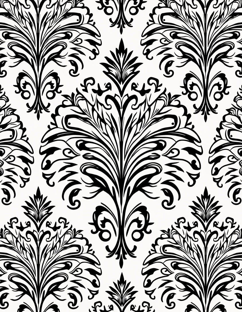 Classic Black White Damask Scroll Pattern Rug