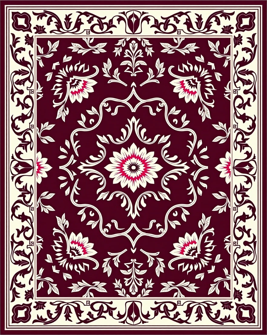 Rich Burgundy Floral Scrollwork Medina Rug