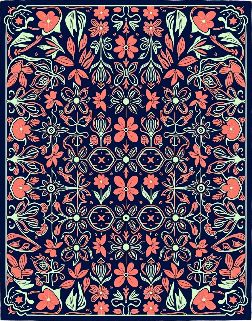 Floral Symmetry Navy Coral Pattern Rug