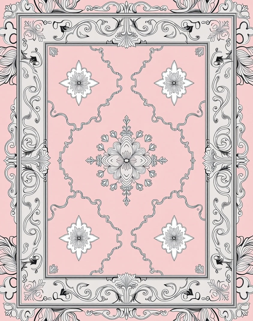 Pale Pink Floral Damask Scrollwork Rug