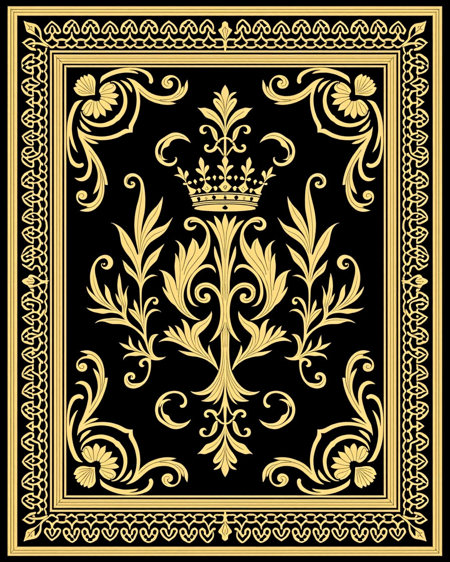 Regal Black Gold Floral Crown Design Rug