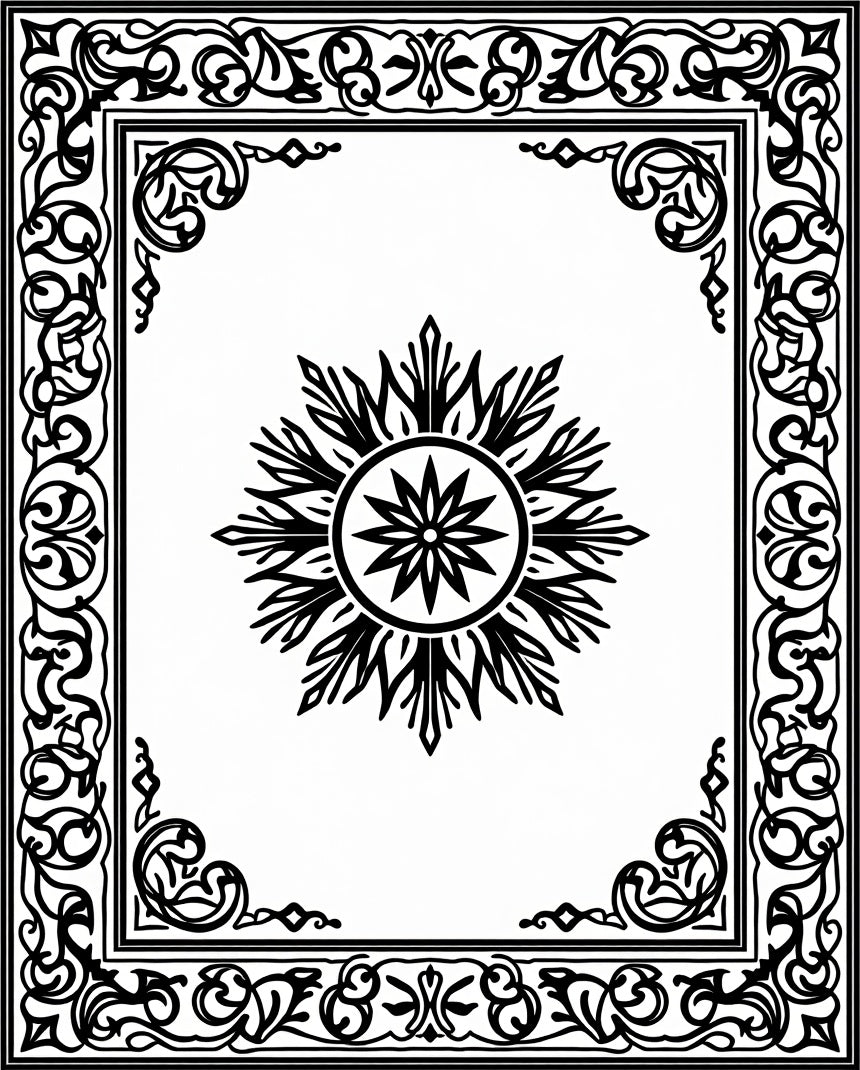 Ornate Black White Medallion Border Rug