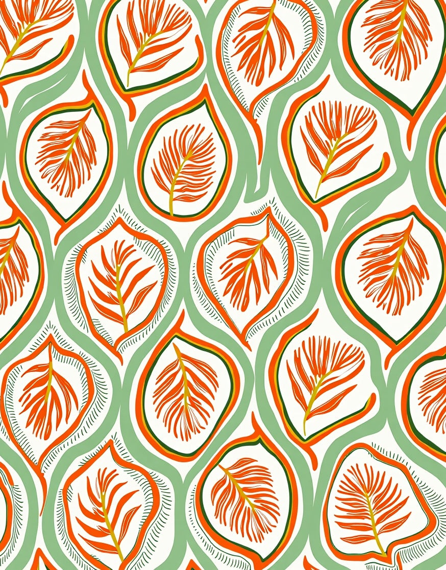 Ornate Orange Fern Leaf Pattern Rug