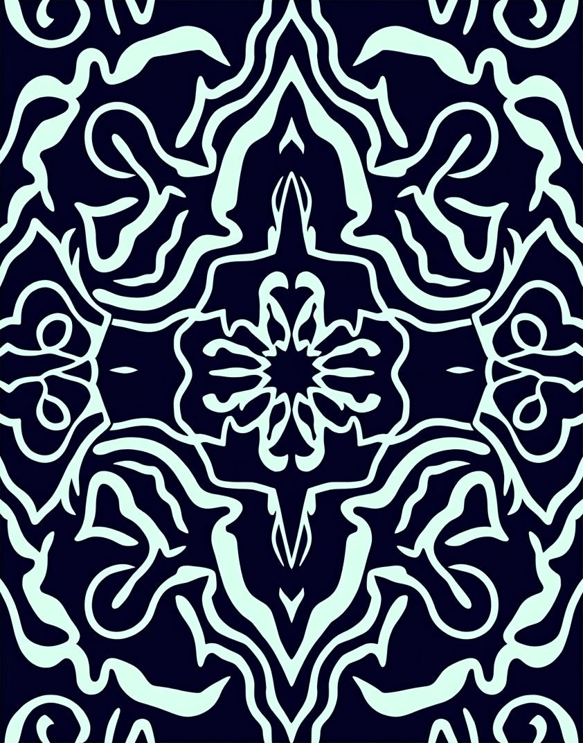 Dark Teal Stylized Floral Pattern Rug