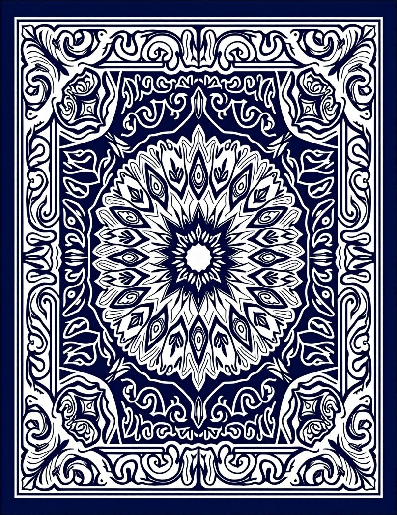 Dark Blue Intricate Floral Mandala Rug