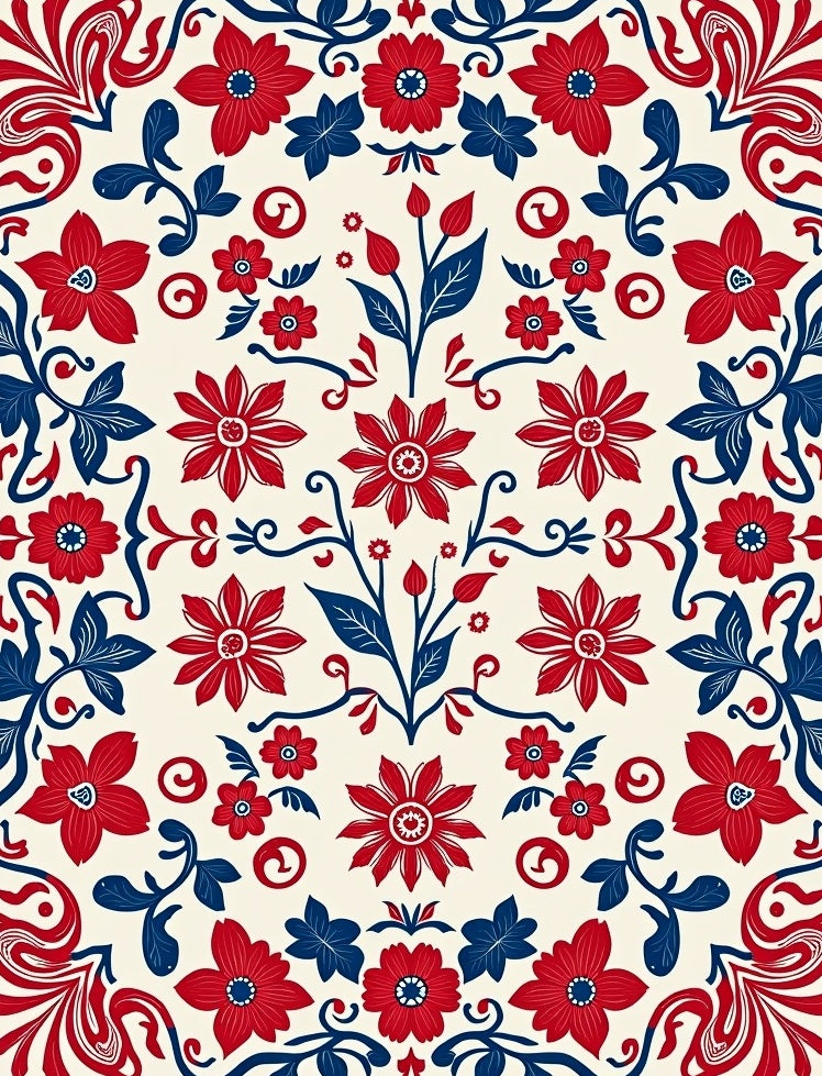 Red Blue Floral Pattern Design Rug