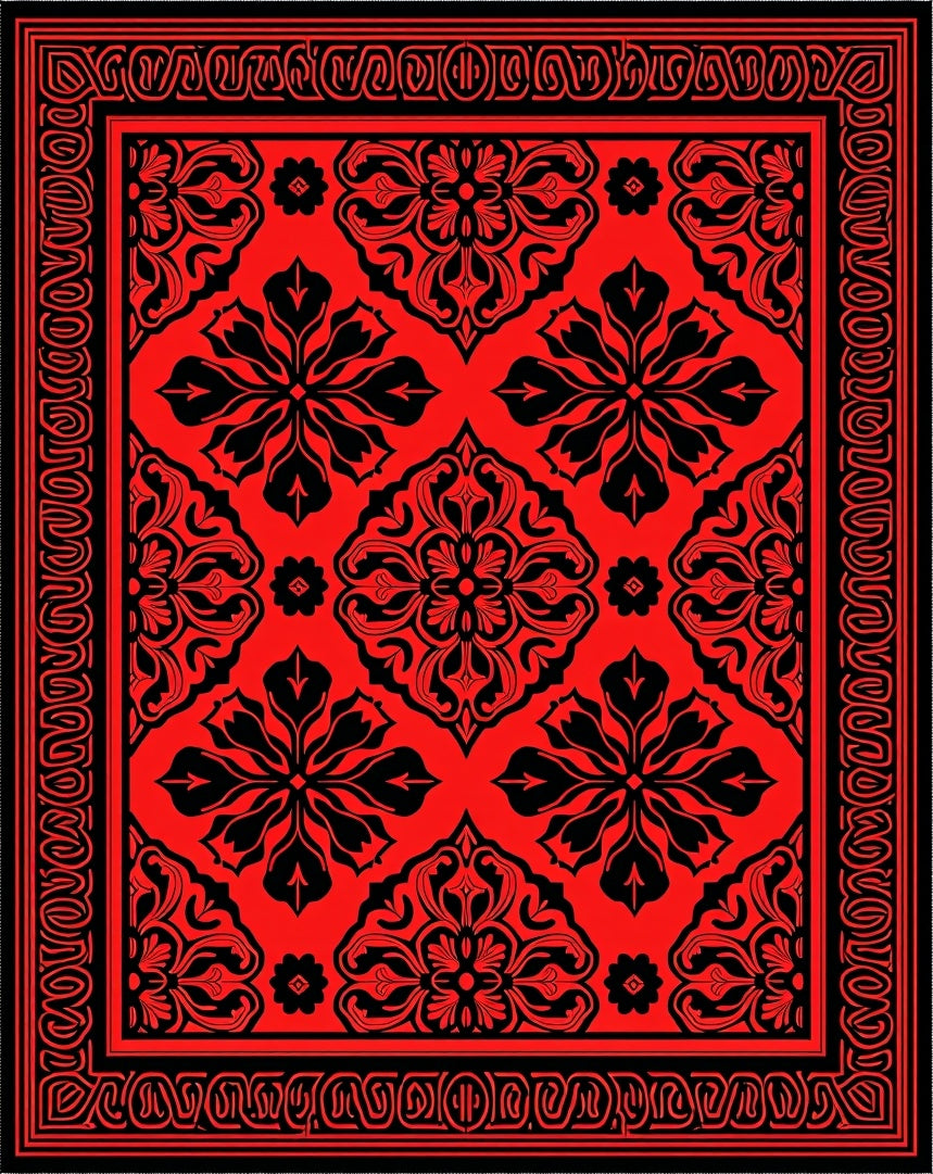 Intricate Red Black Floral Pattern Rug
