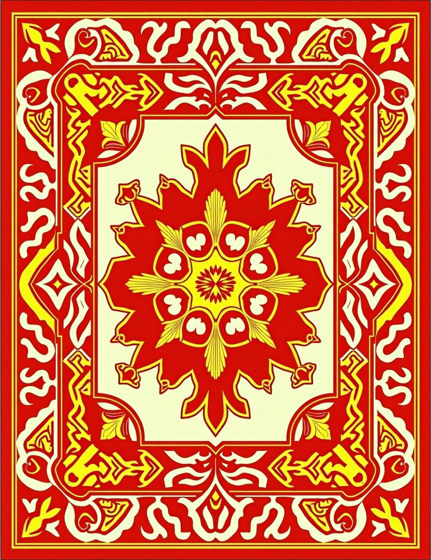 Bold Red Yellow Elaborate Floral Pattern Rug