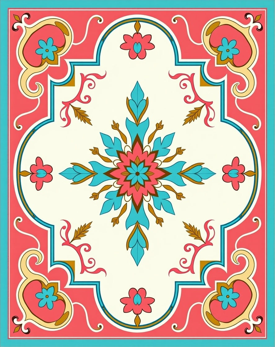 Coral Pink Teal Floral Medallion Rug