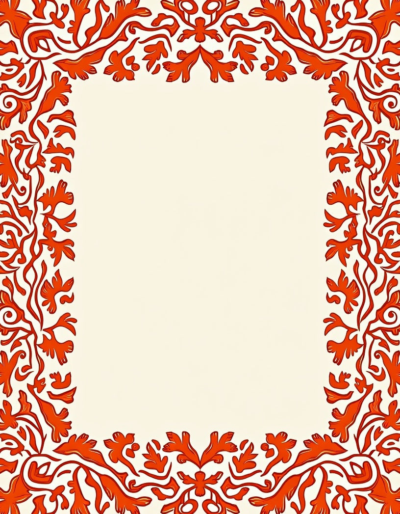 Bold Orange Floral Vine Frame Design Rug
