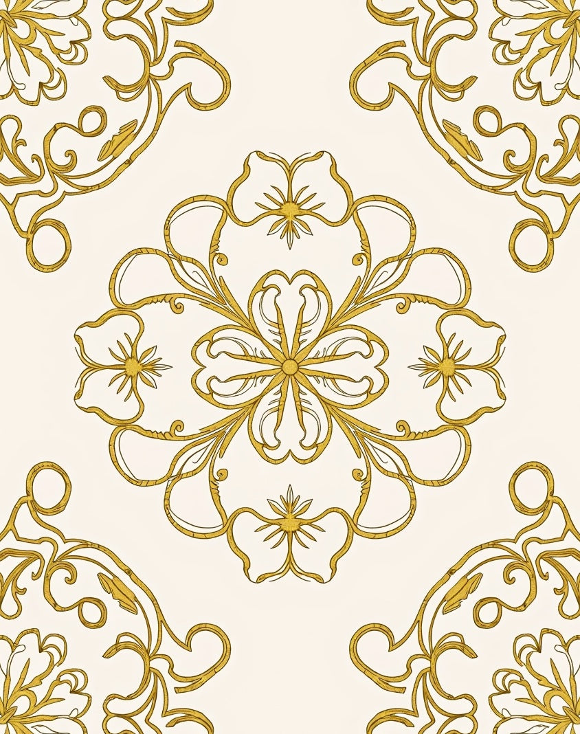 Elegant Gold Floral Scroll Pattern Rug