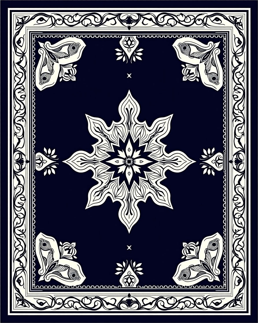 Ornate Indigo Mandala Reflection Design Rug
