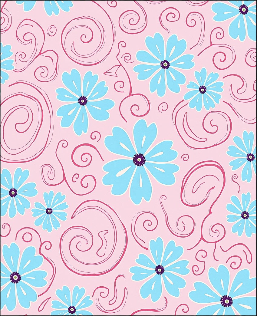 Pink Baby Blue Floral Swirls Pattern Rug