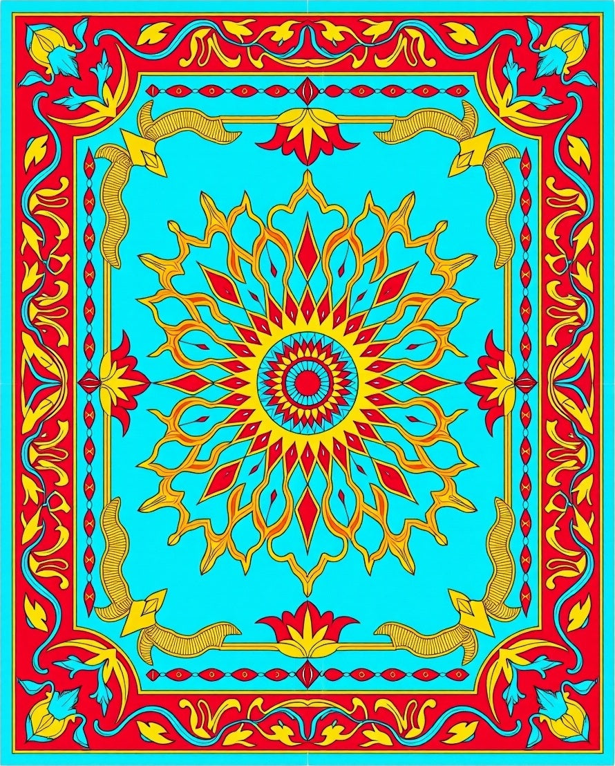 Vibrant Floral Burst Sun Border Design Rug