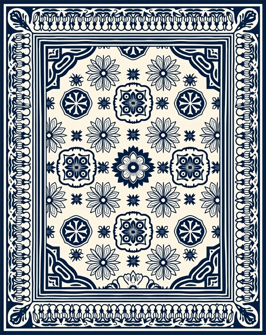 Classic Floral Medallion Dark Blue Design Rug