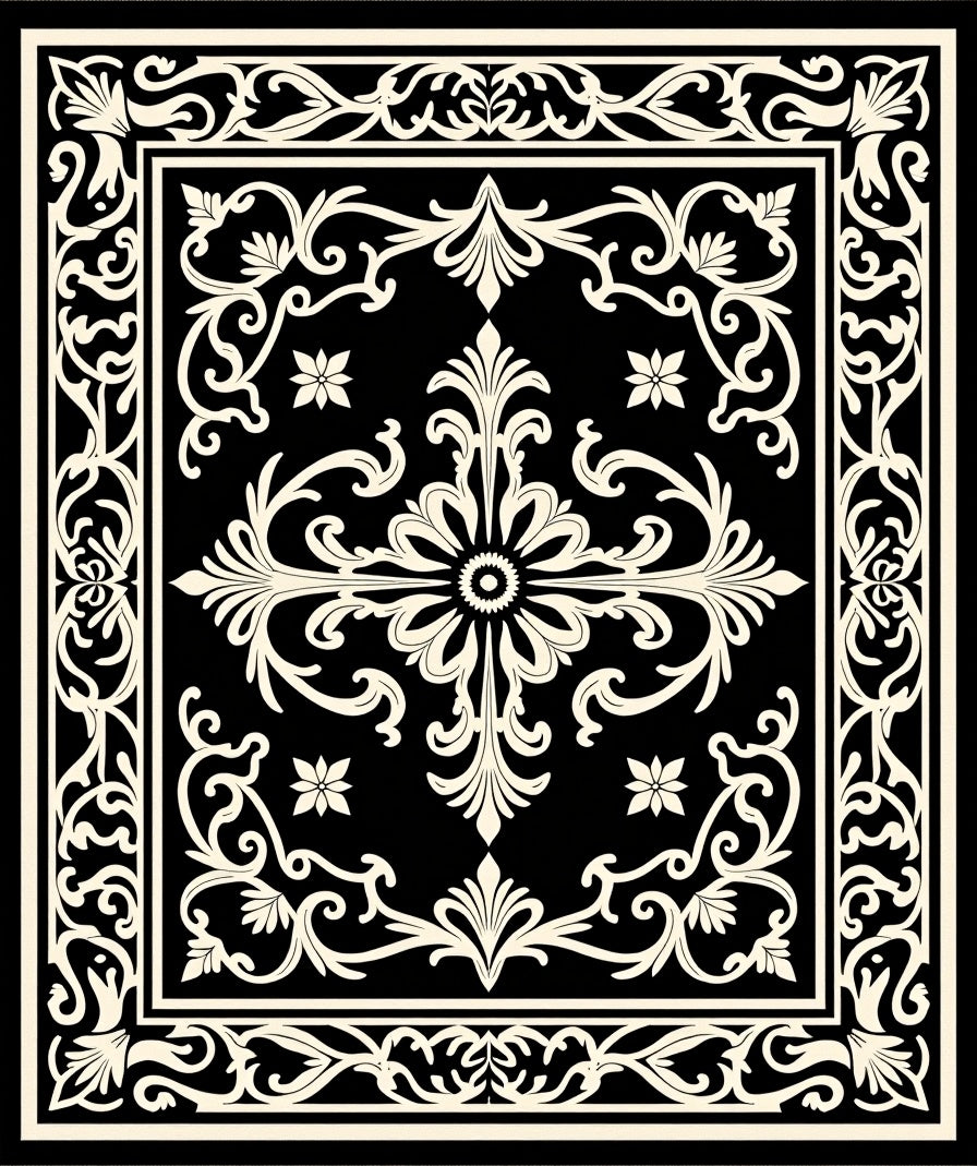 Ornate Black Cream Floral Medallion Design Rug