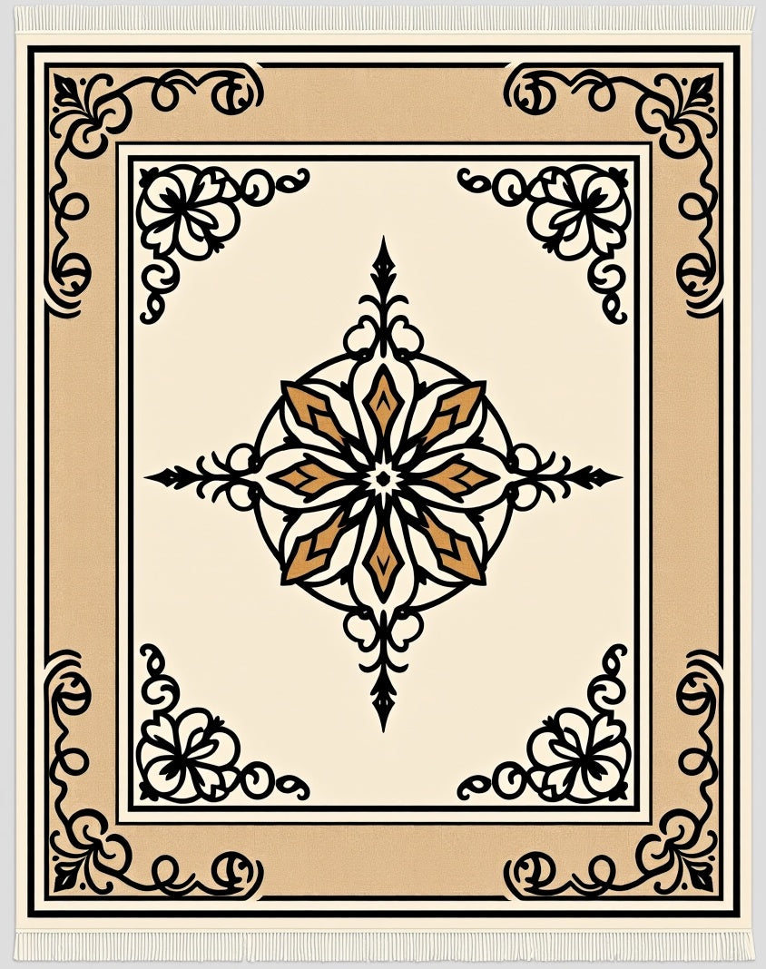 Cream Black Gold Floral Medallion Rug