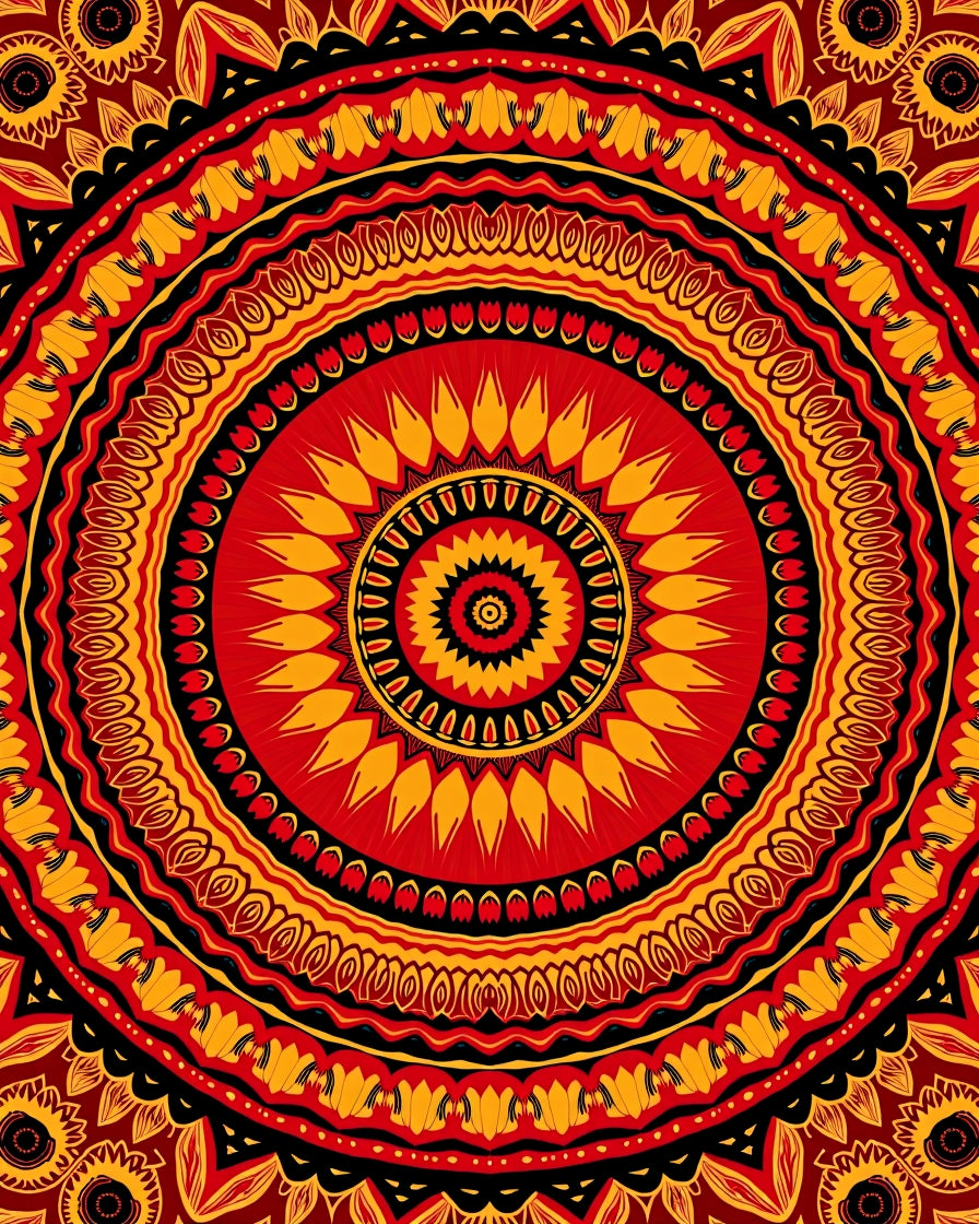 Vibrant Red Orange Sun Mandala Pattern Rug