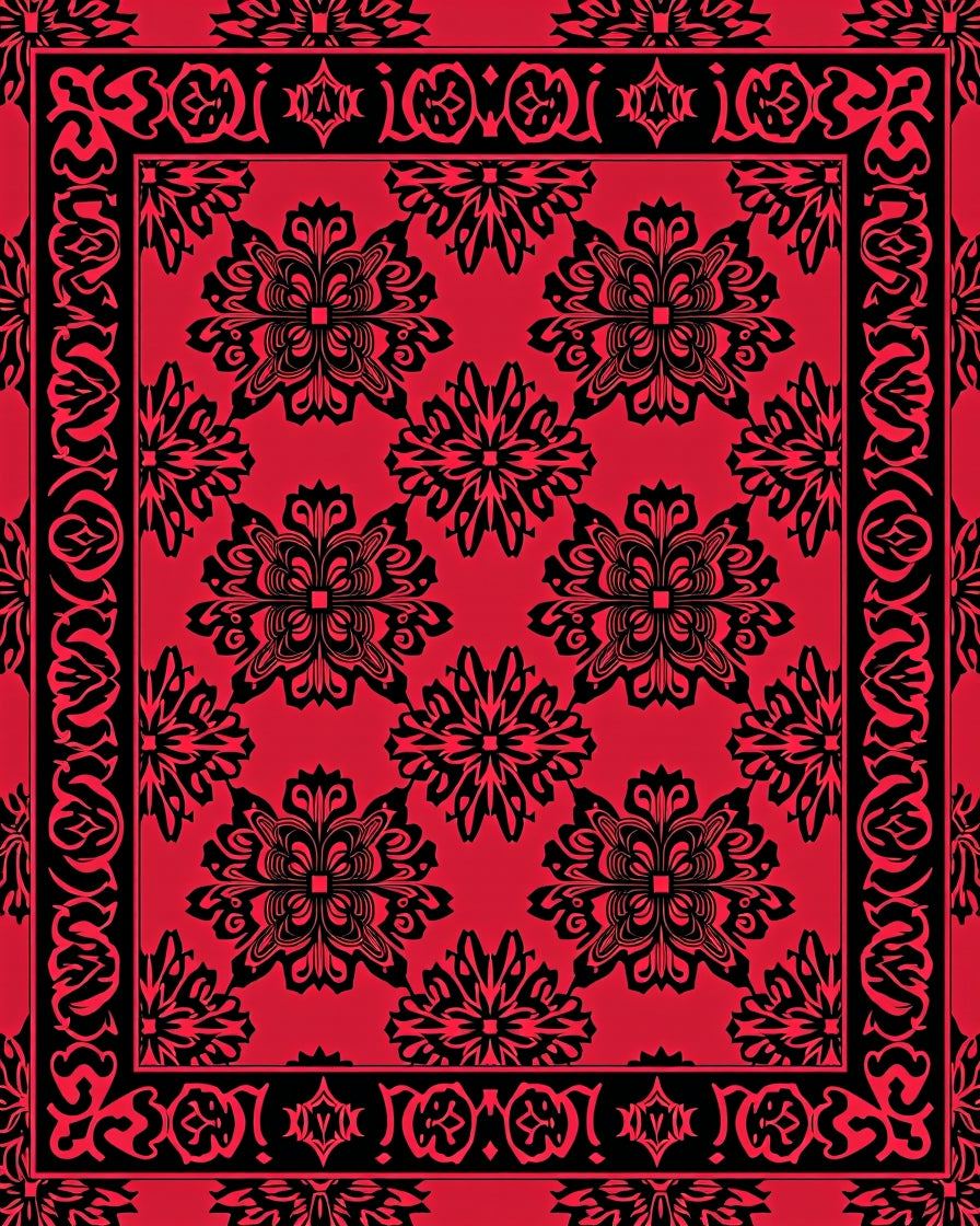 Ornate Red Black Floral Pattern Rug