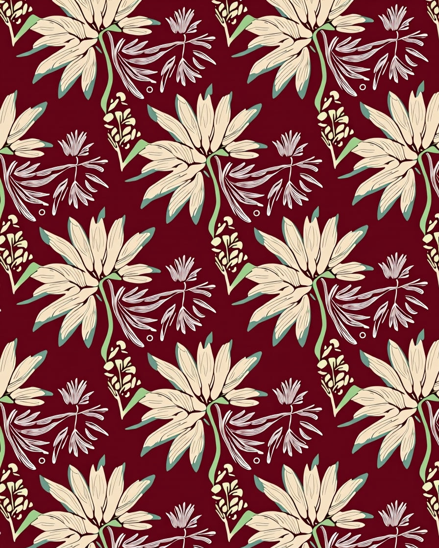 Cream Floral Pattern On Maroon Background Rug