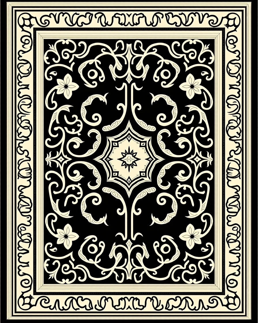 Ornate Black Cream Floral Pattern Rug