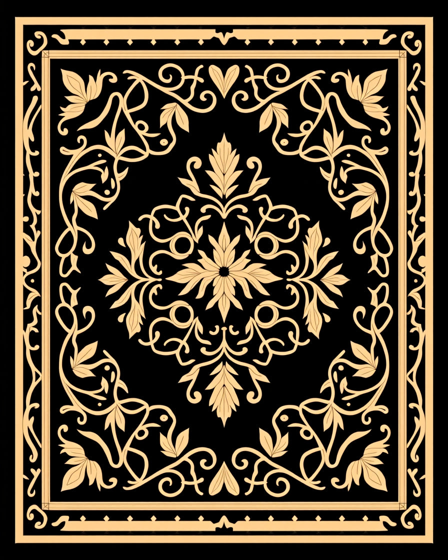 Golden Floral Scrollwork Art Rug