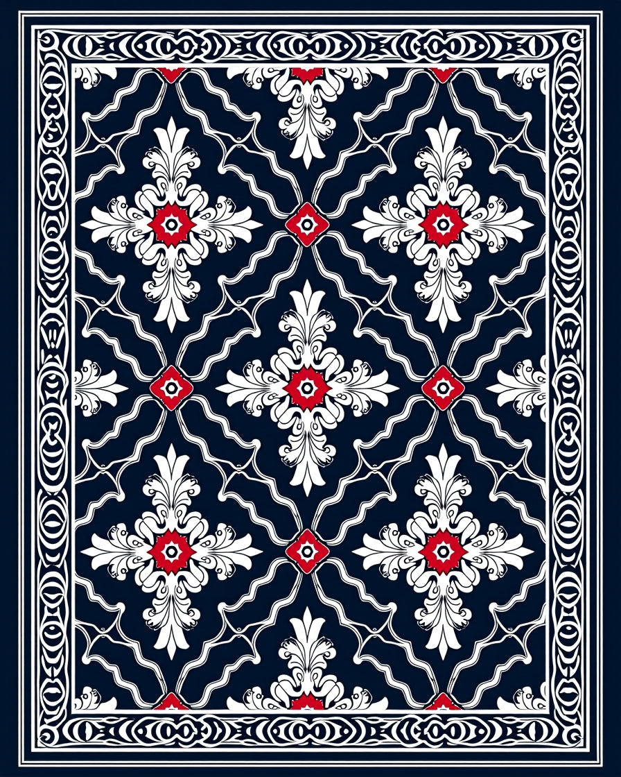Navy White Red Floral Medallion Pattern Rug