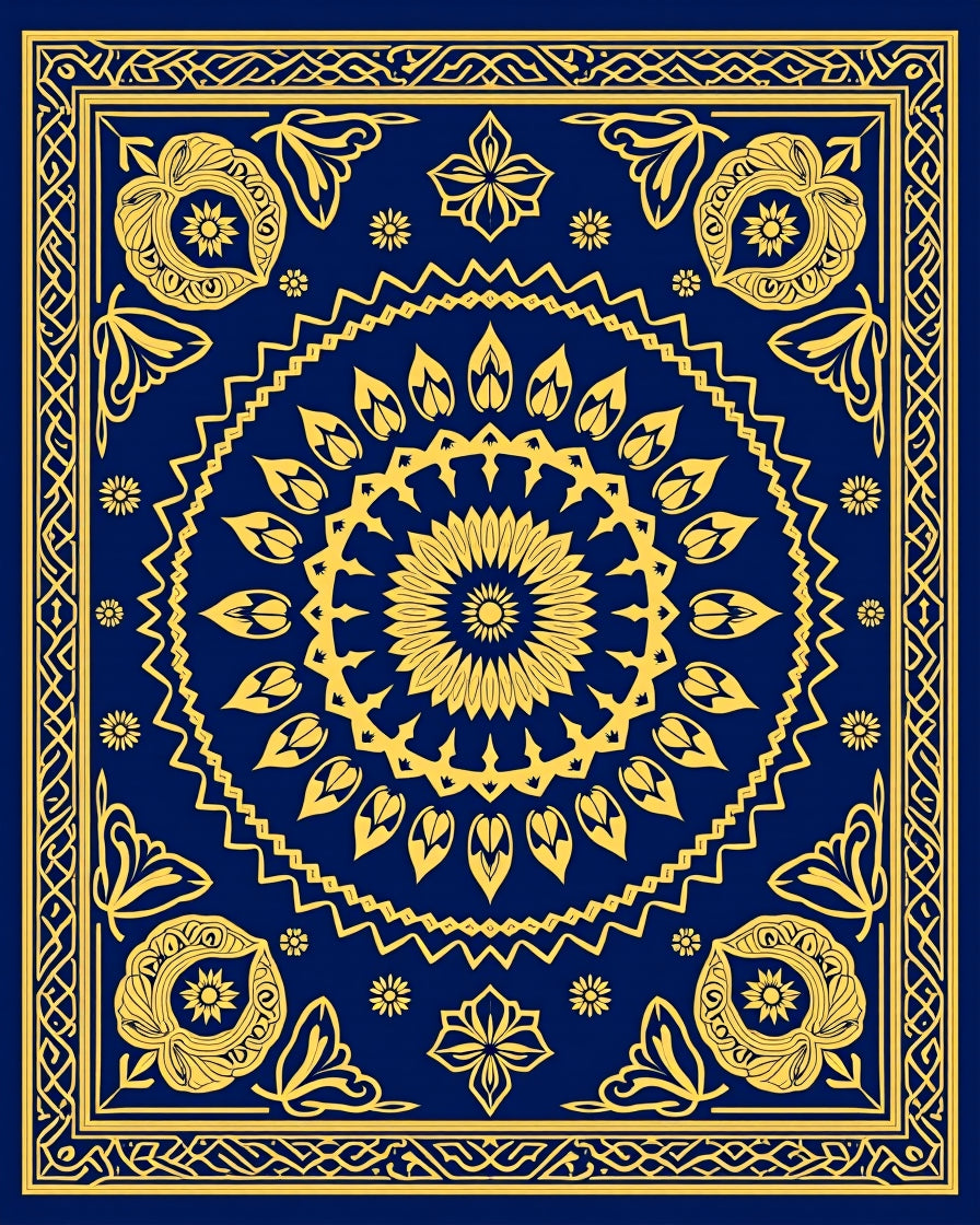 Golden Floral Mandala With Intricate Border Rug