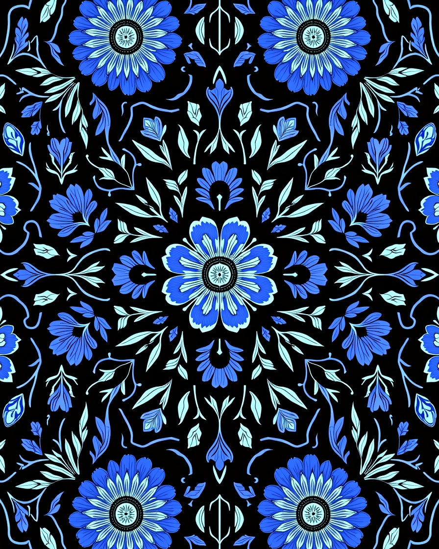 Floral Symmetry On Black Background Rug