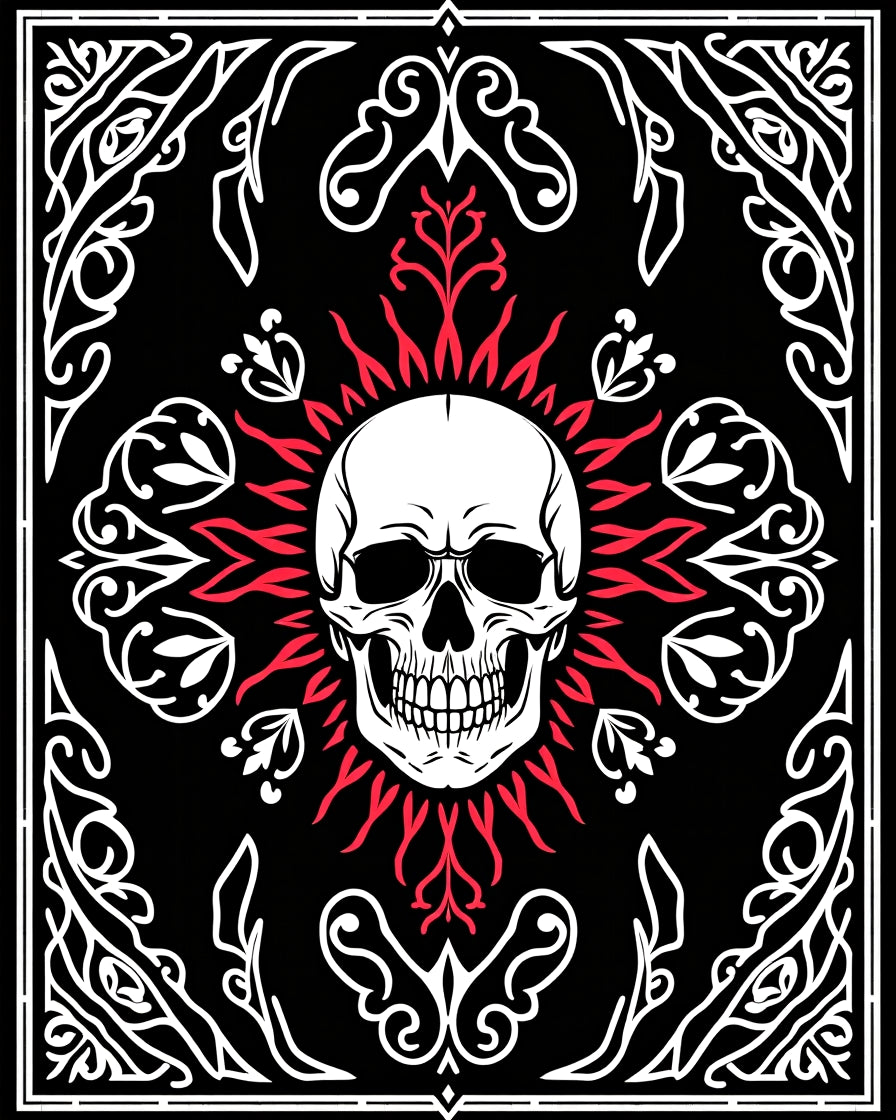 White Skull Radiant Sun Black Border Rug
