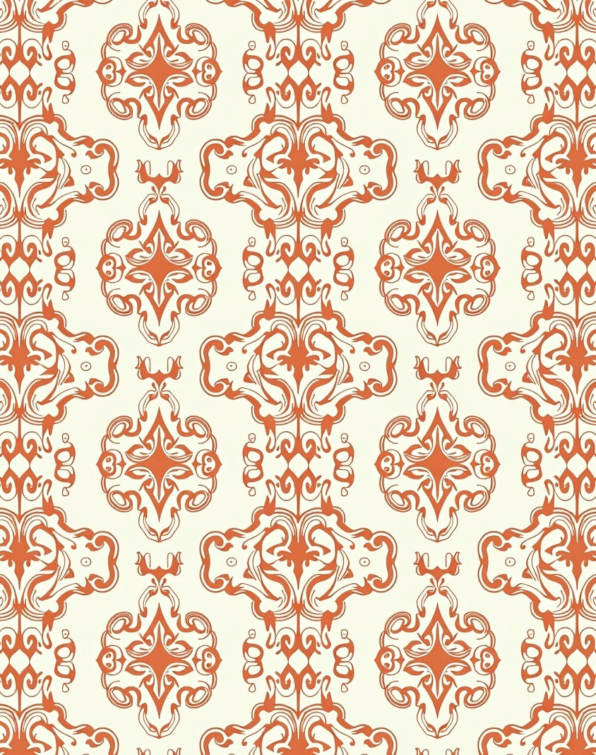 Orange White Ornate Scroll Pattern Rug