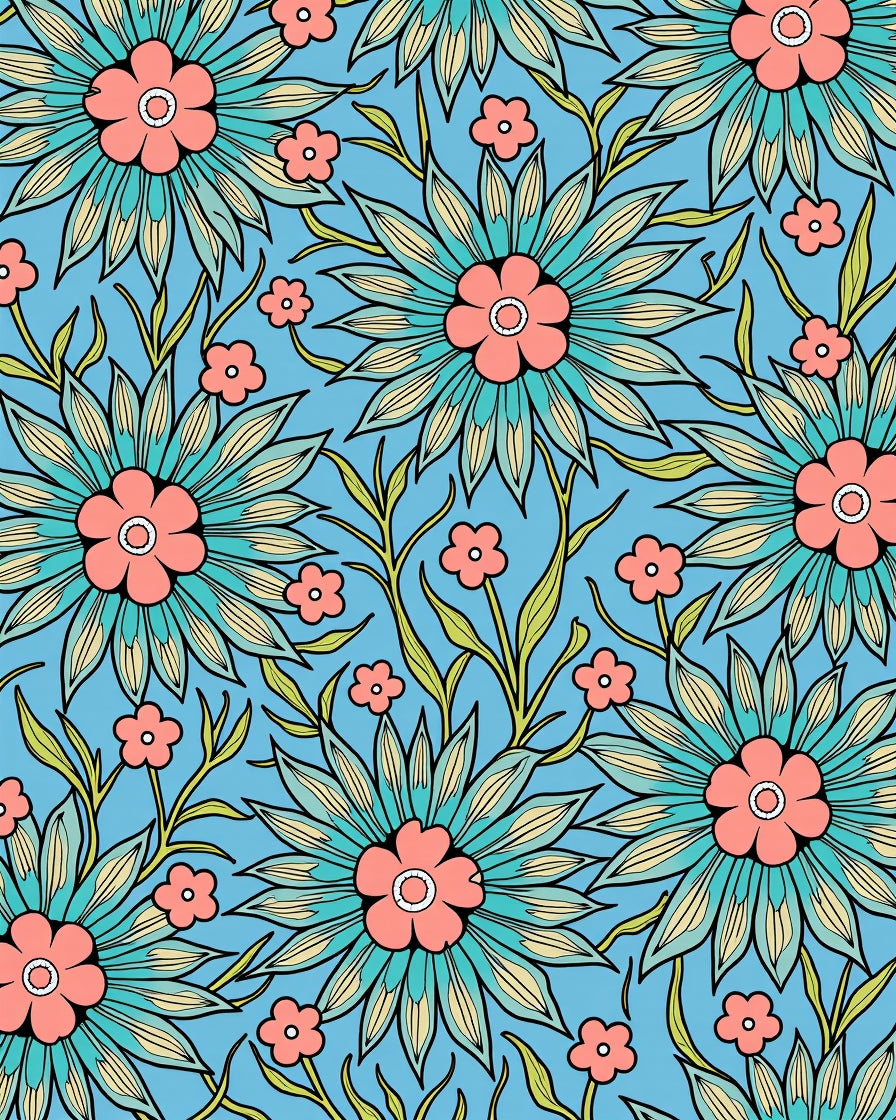 Vibrant Floral Pattern with Teal Coral Accents Rug