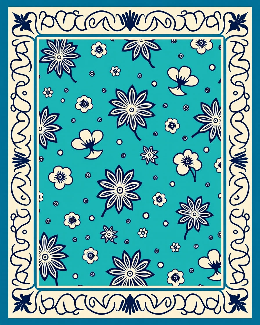 Turquoise Floral Patterned Decorative Rug