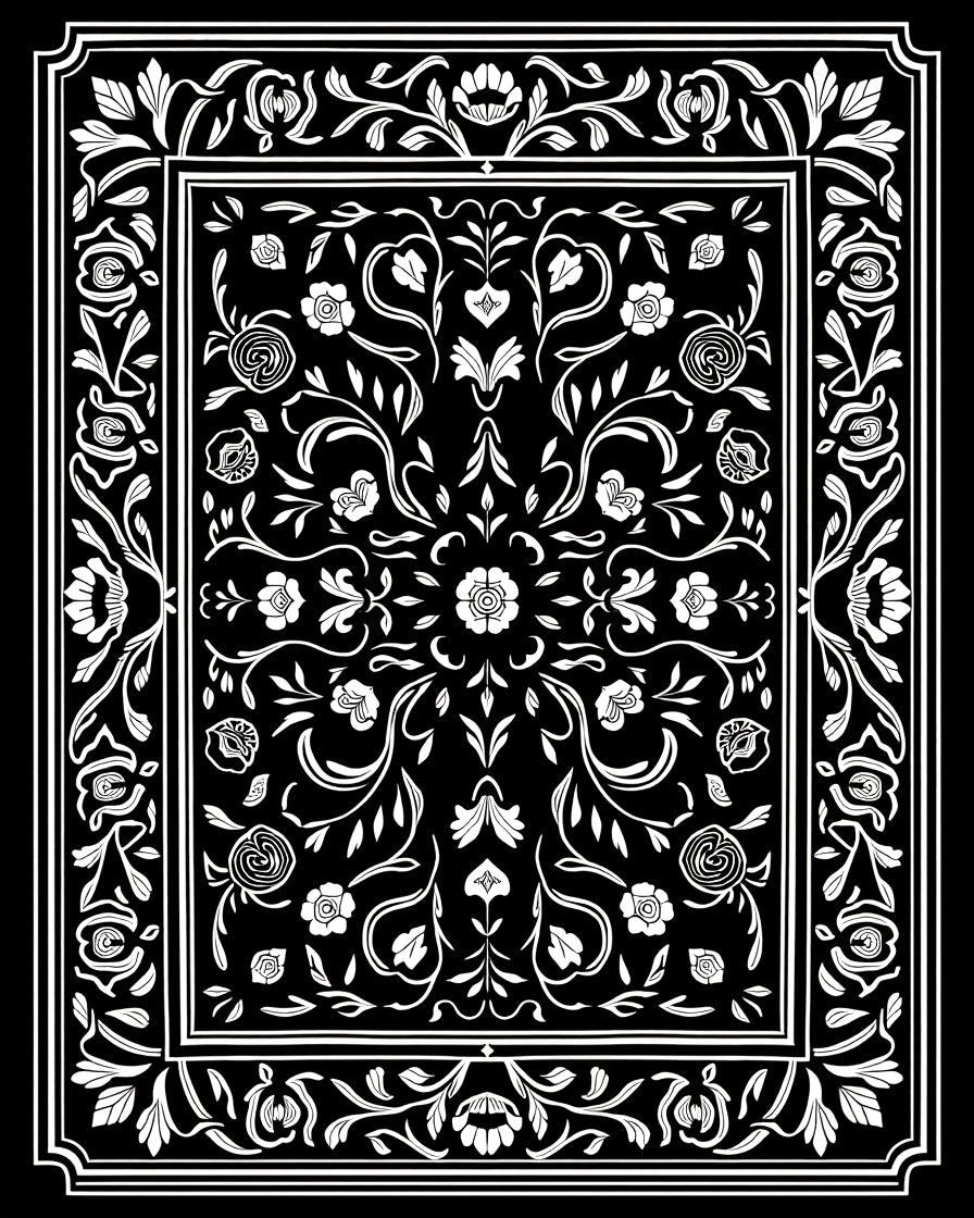 Elaborate Floral Scrollwork Black White Rug