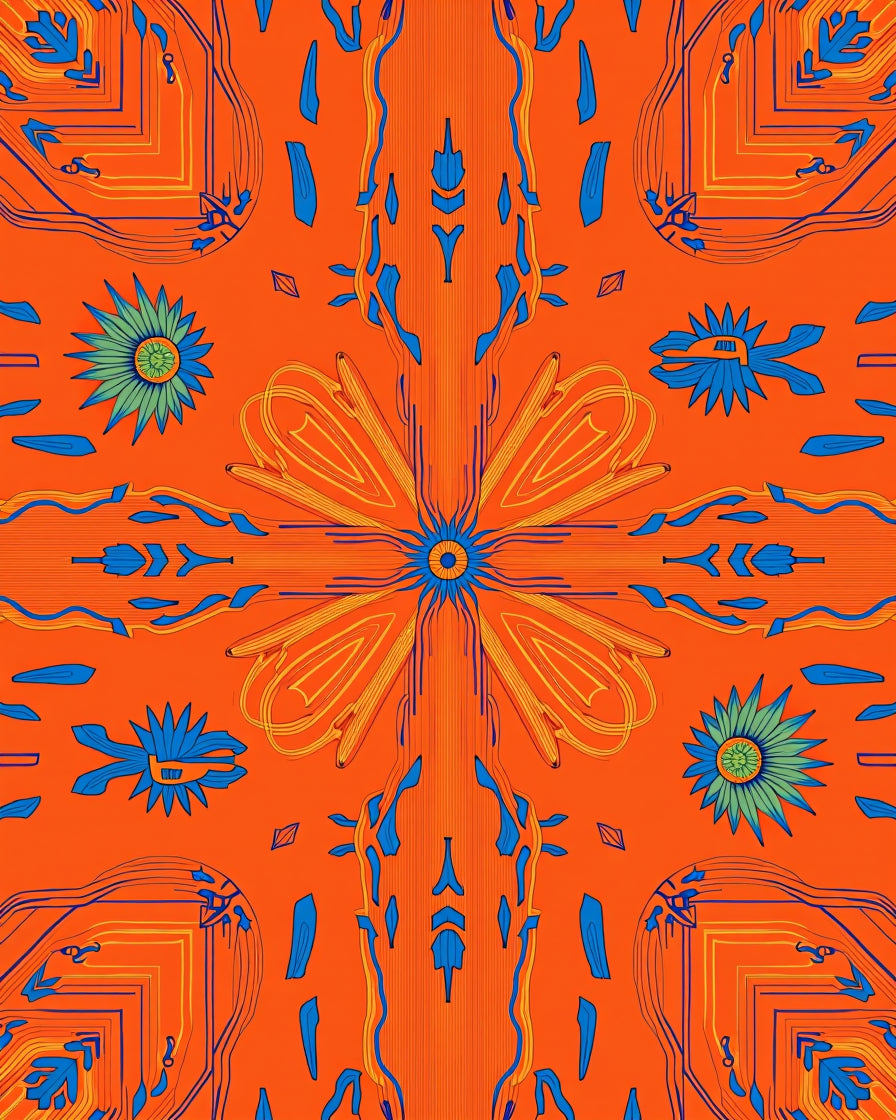 Vibrant Orange Blue Floral Symmetry Rug