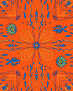 Vibrant Orange Blue Floral Symmetry Rug
